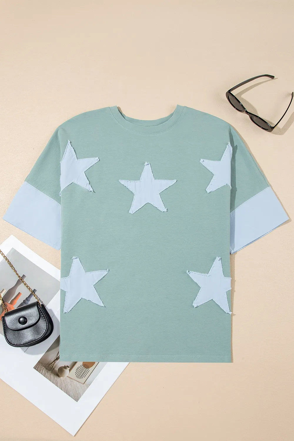 Frayed Denim Star Patched Oversize T Shirt - Grace Beauty H&C