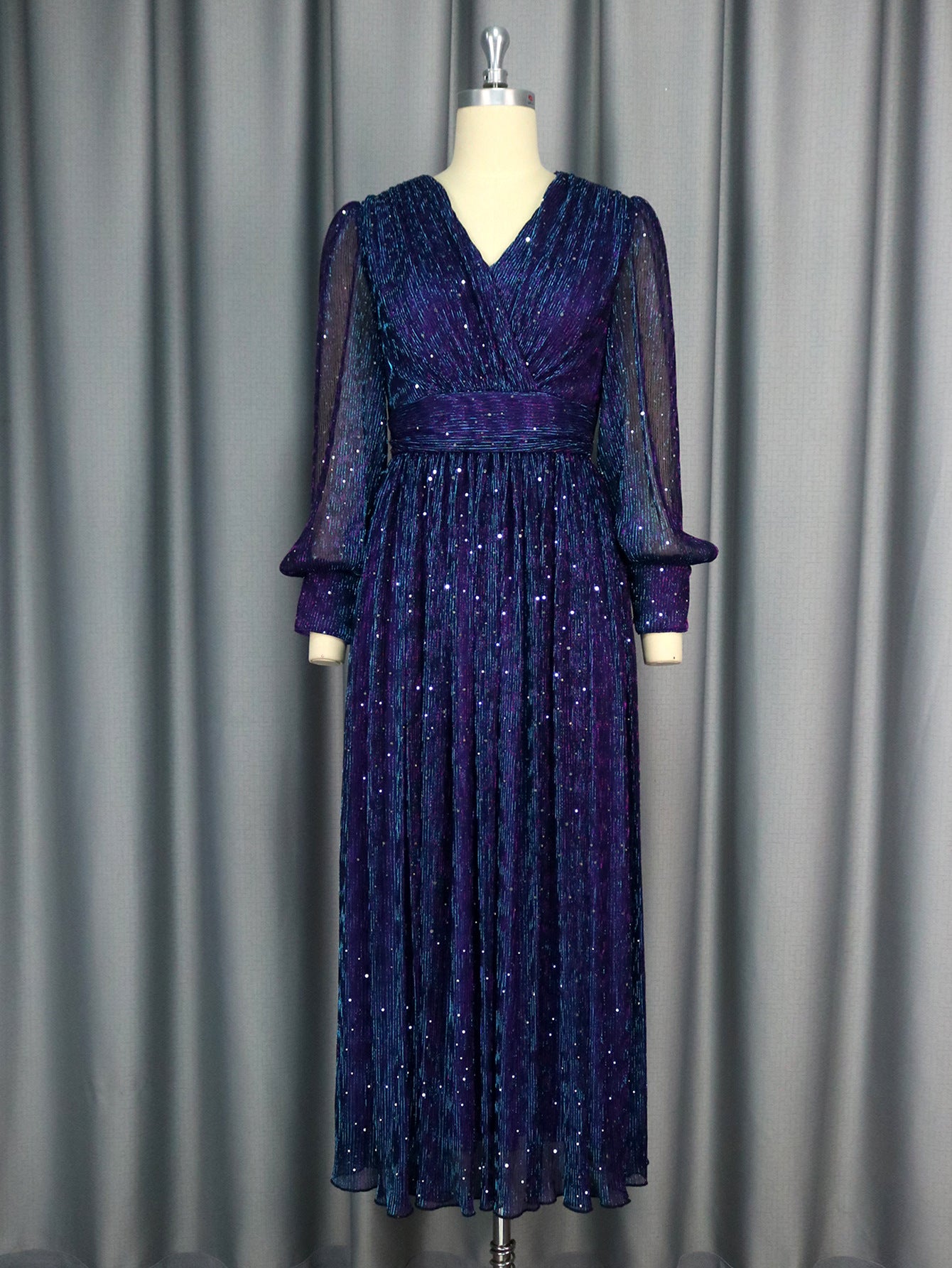 Sexy V-neck Sequined Long Sleeve Dress Purple Slim Fit - Grace Beauty H&C