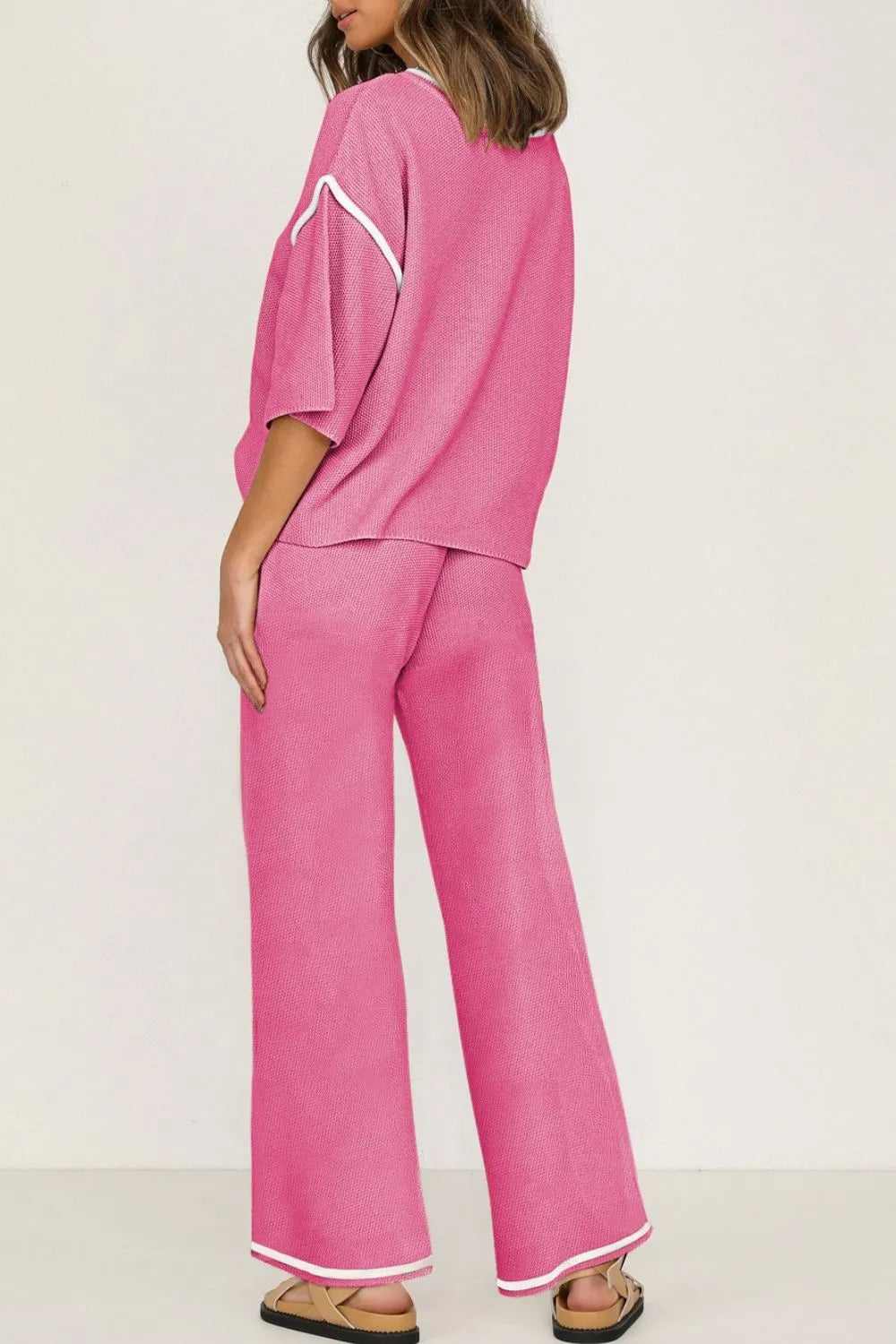 Contrast Trim Round Neck Top and Pants Set - Grace Beauty H&C