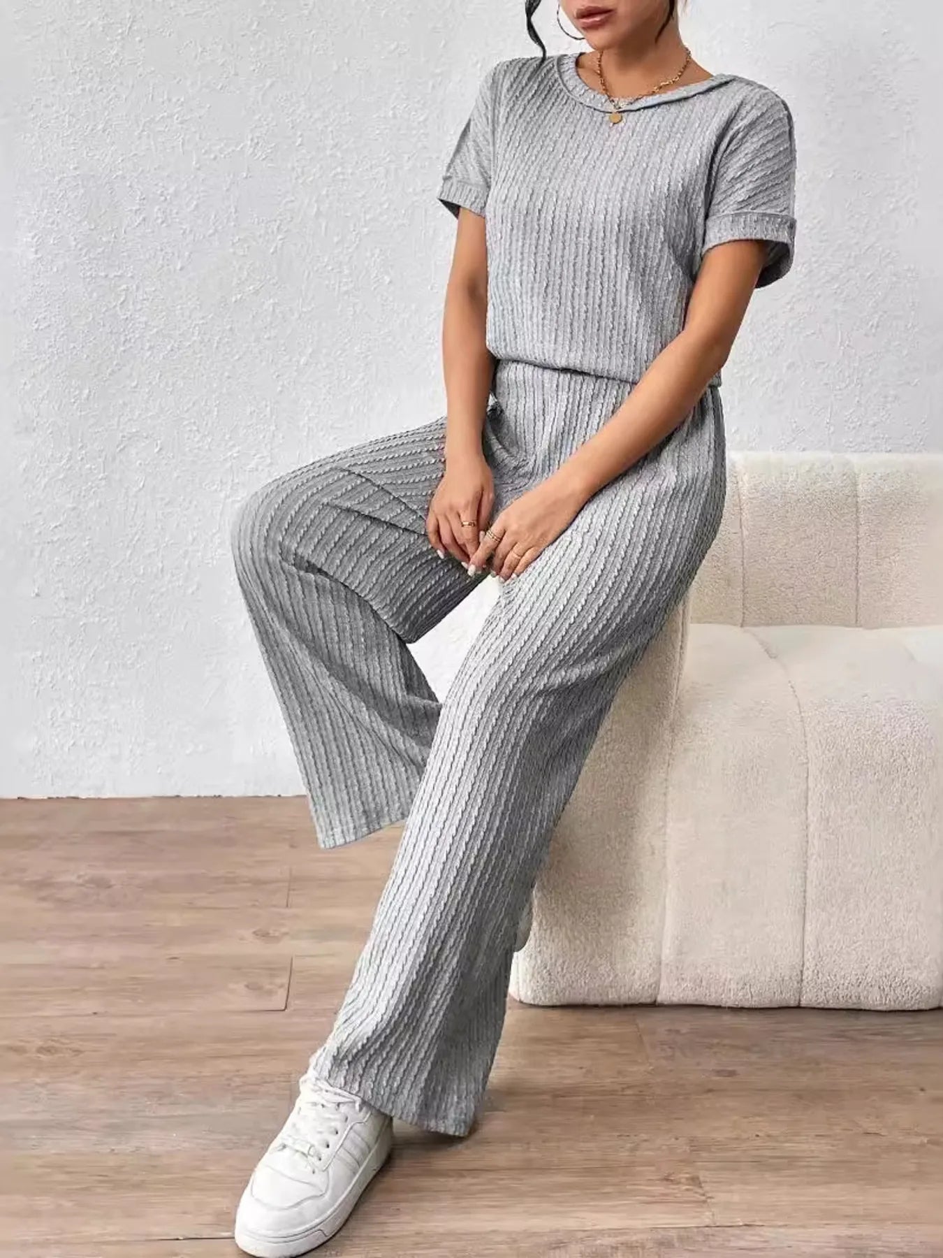Round Neck Short Sleeve Top and Pants Set - Grace Beauty H&C