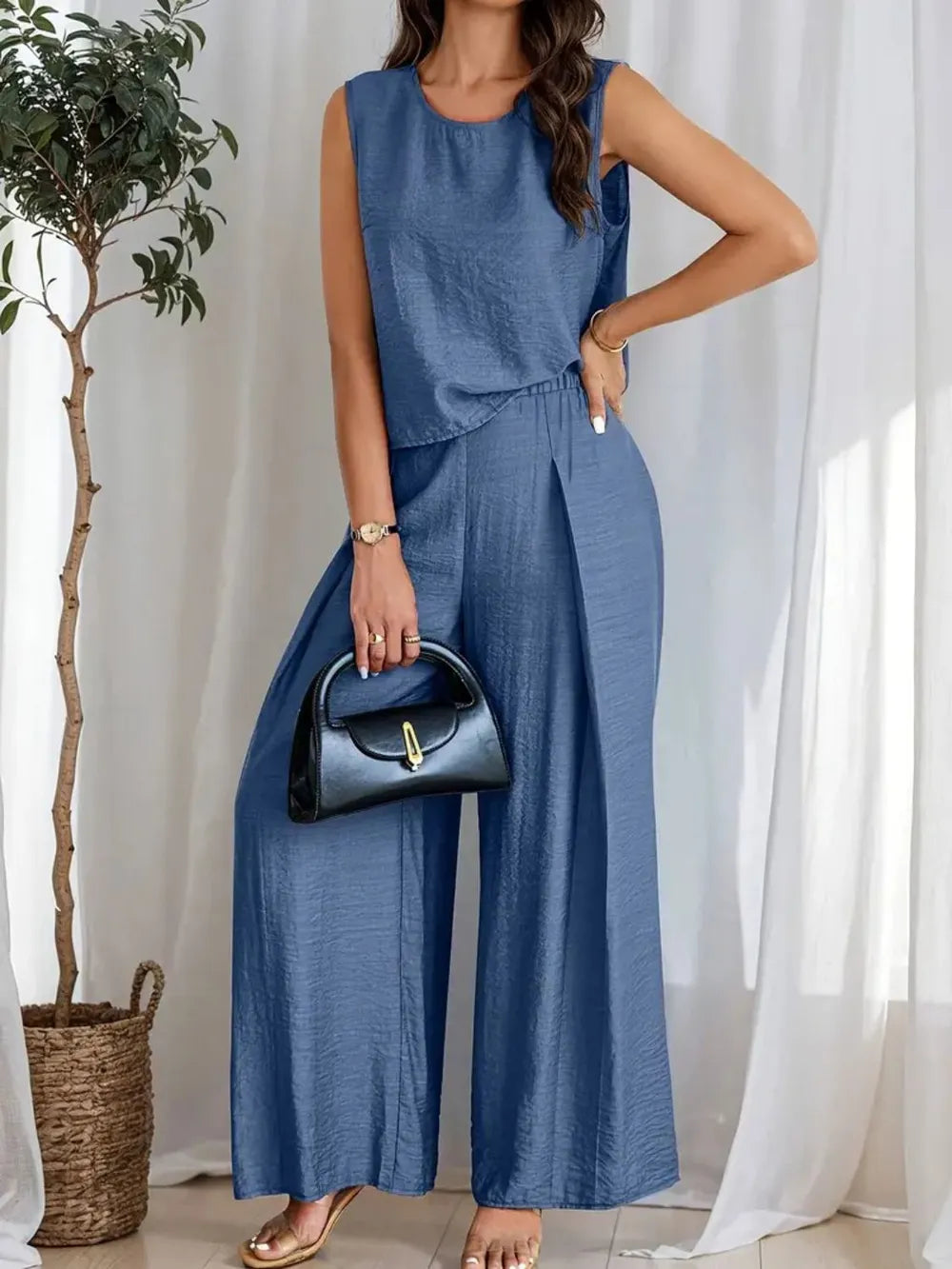 Round Neck Sleeveless Top and Wide Leg Pants Set - Grace Beauty H&C