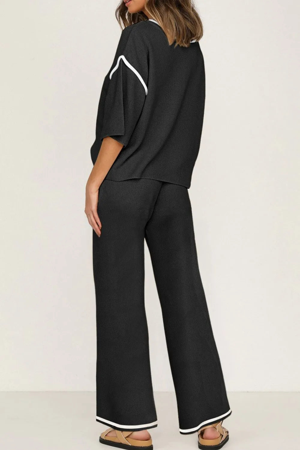 Contrast Trim Round Neck Top and Pants Set - Grace Beauty H&C