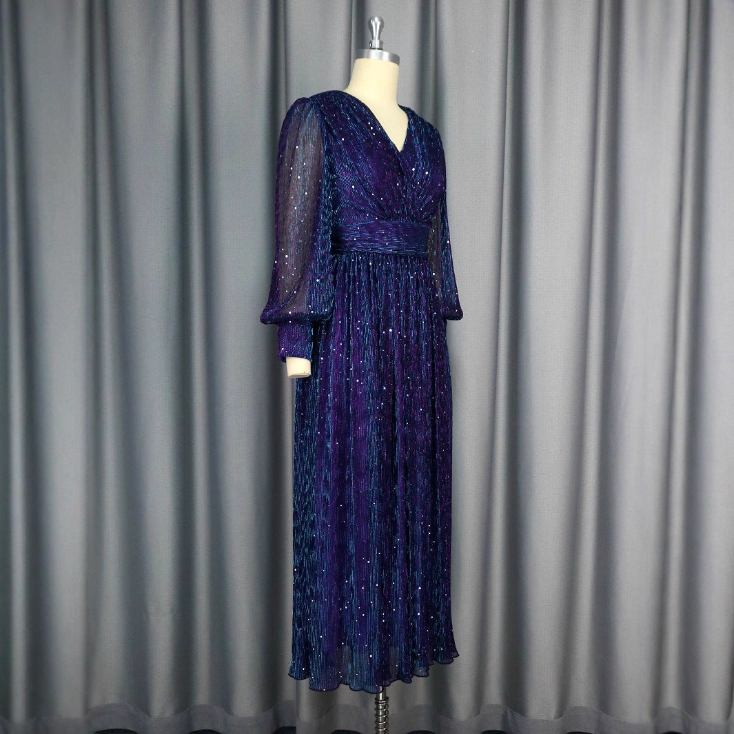 Sexy V-neck Sequined Long Sleeve Dress Purple Slim Fit - Grace Beauty H&C