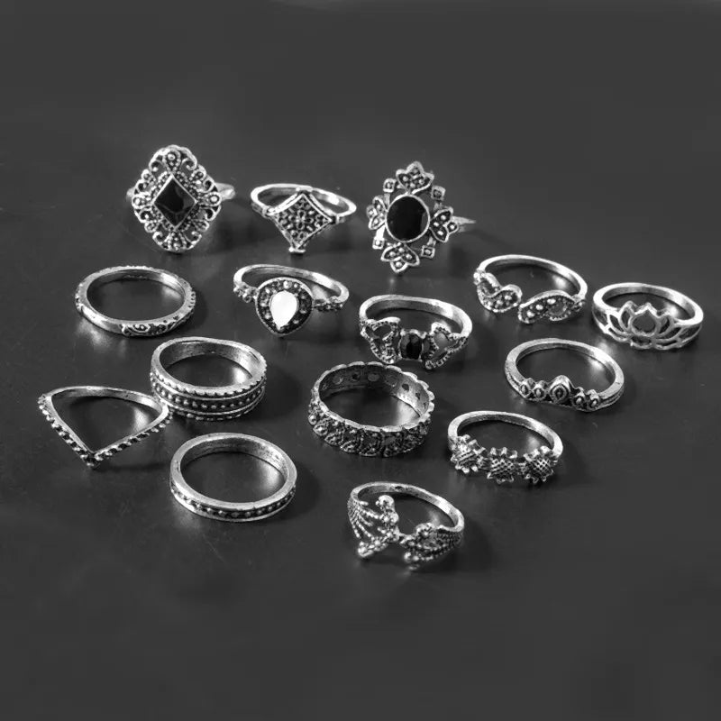15-Piece Vintage Ring Set – Boho Alloy Stackable Rings for Women - Grace Beauty H&C