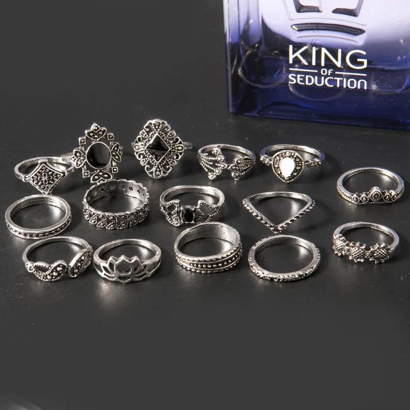 15-Piece Vintage Ring Set – Boho Alloy Stackable Rings for Women - Grace Beauty H&C