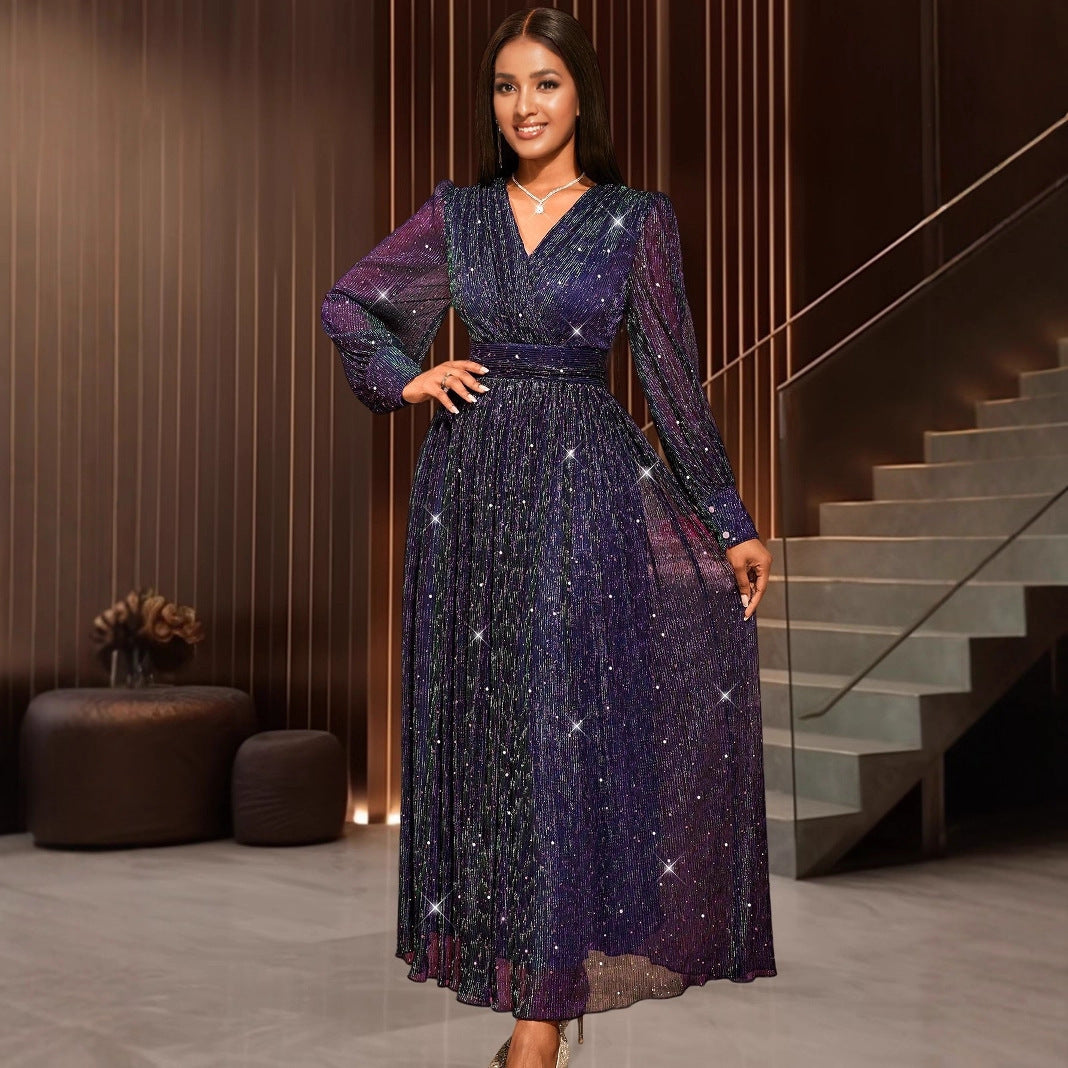 Sexy V-neck Sequined Long Sleeve Dress Purple Slim Fit - Grace Beauty H&C