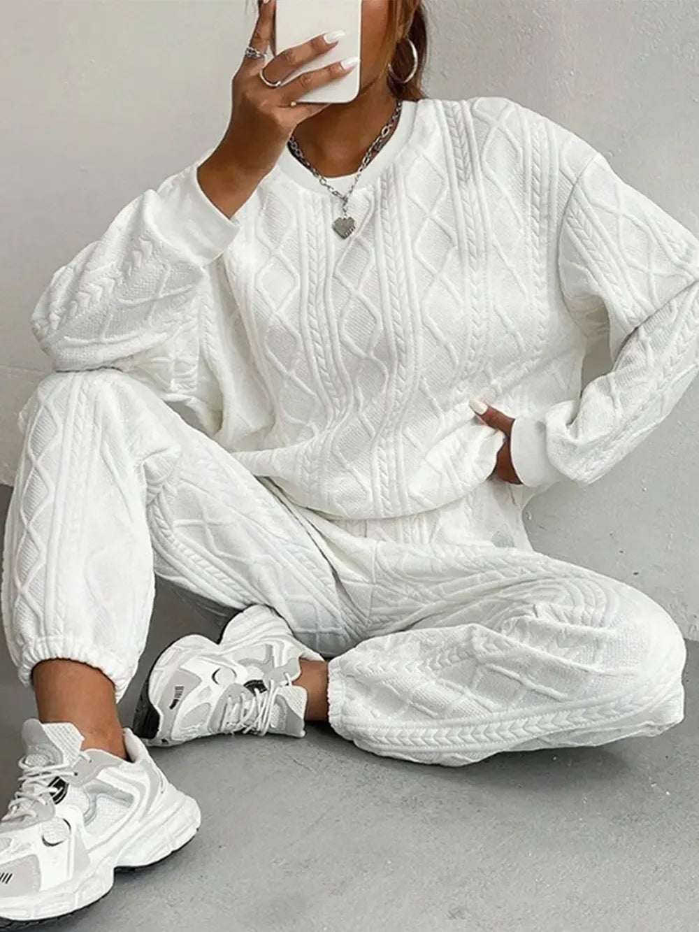 Texture Round Neck Top and Pants Set - Grace Beauty H&C
