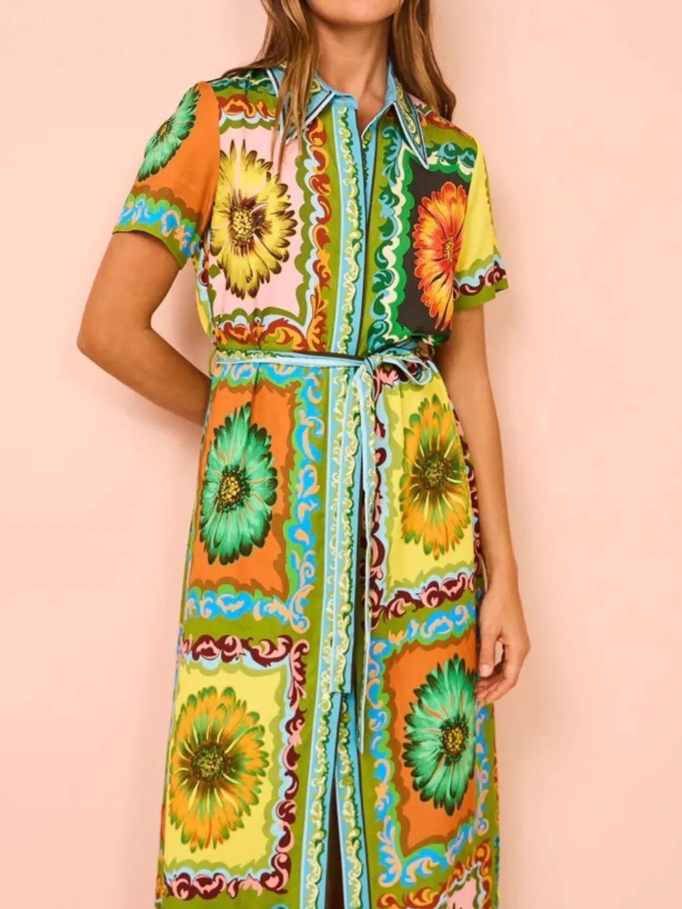 Printed Maxi Shirt Dress with Belt - Grace Beauty H&C
