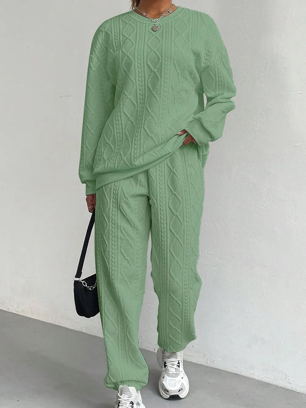 Texture Round Neck Top and Pants Set - Grace Beauty H&C