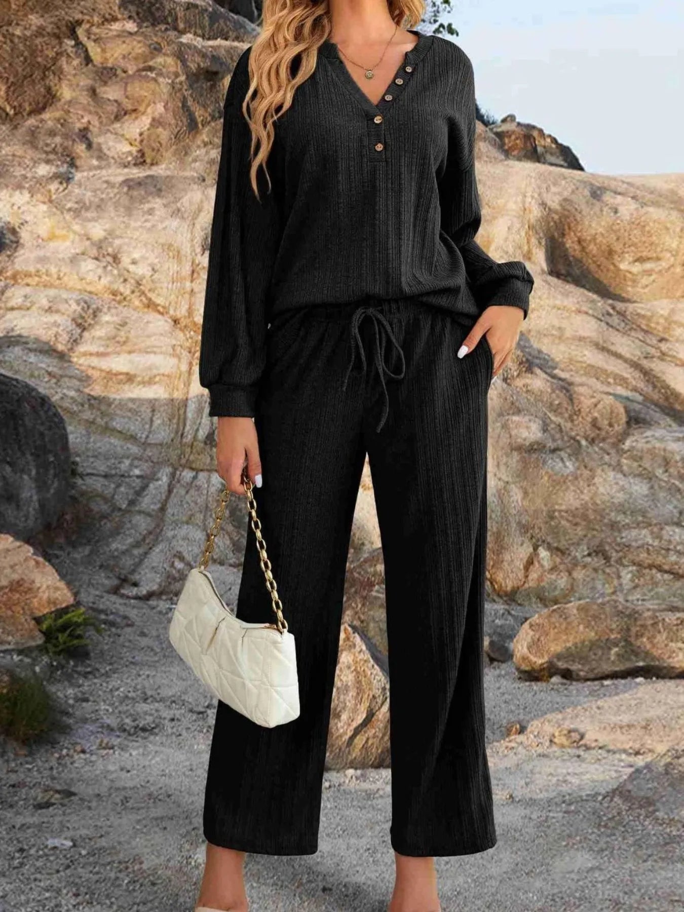 Ribbed Knit Top and Pants Lounge Set with Button Detail - Grace Beauty H&C