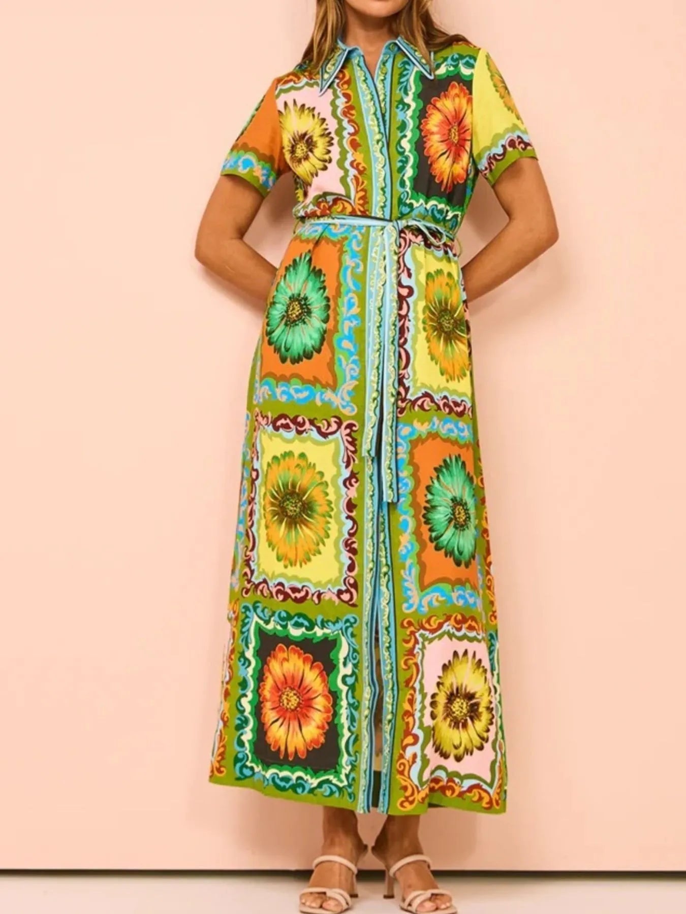 Printed Maxi Shirt Dress with Belt - Grace Beauty H&C