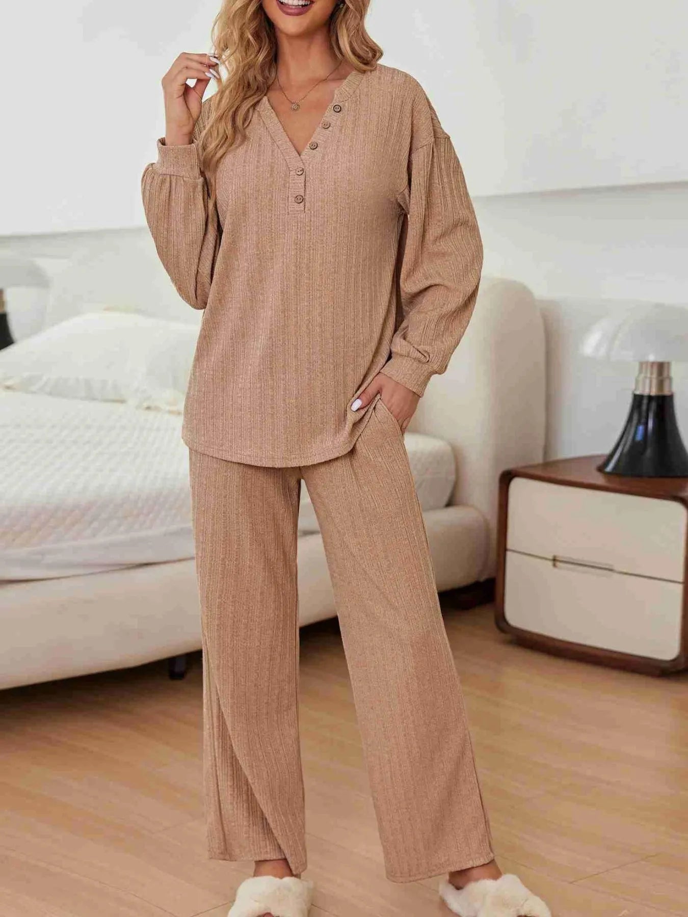 Ribbed Knit Top and Pants Lounge Set with Button Detail - Grace Beauty H&C