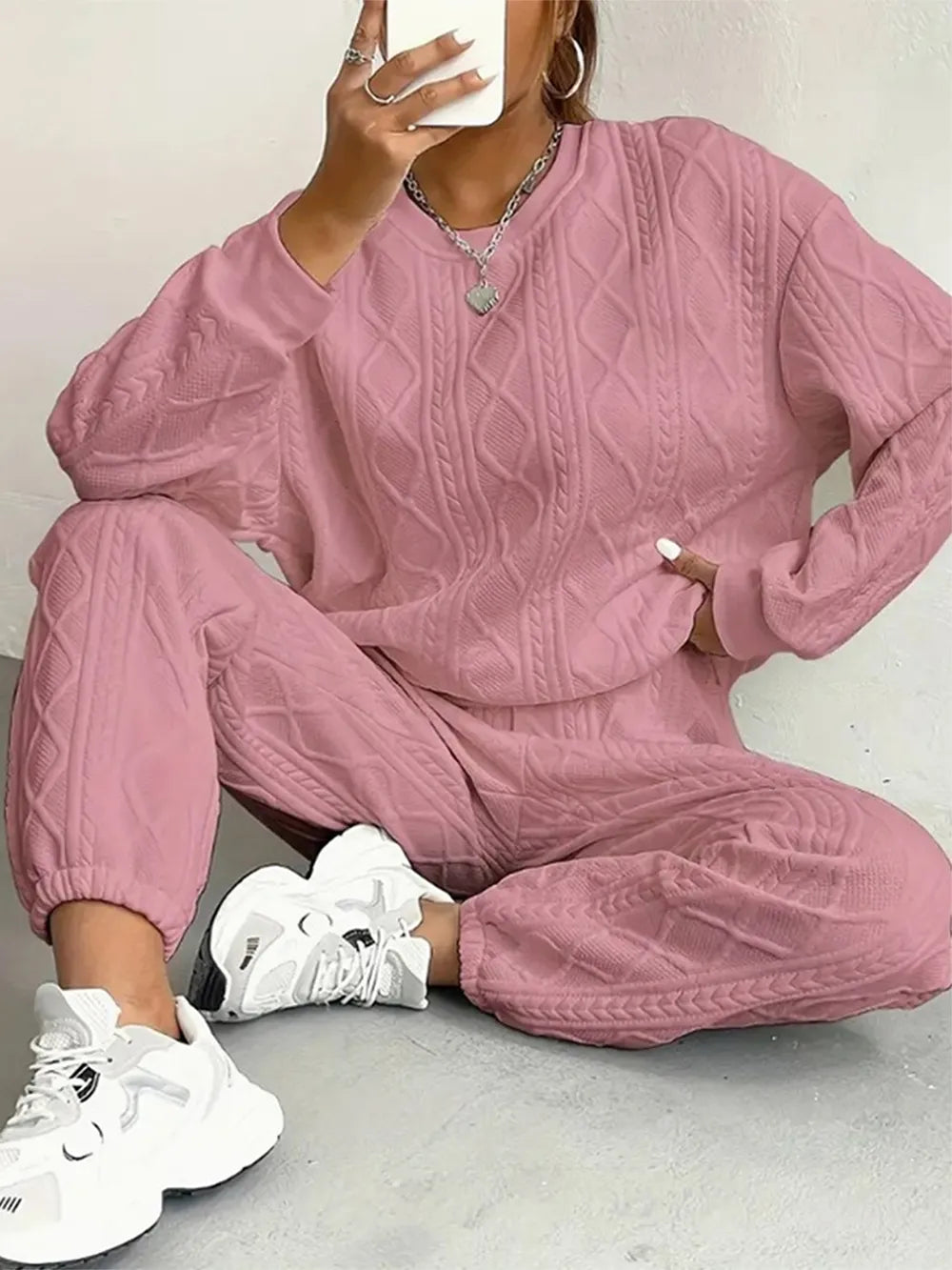 Texture Round Neck Top and Pants Set - Grace Beauty H&C