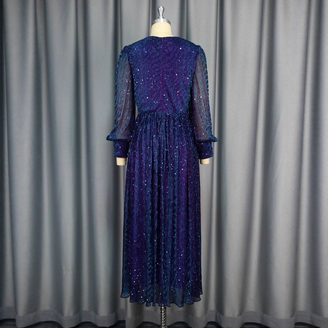 Sexy V-neck Sequined Long Sleeve Dress Purple Slim Fit - Grace Beauty H&C