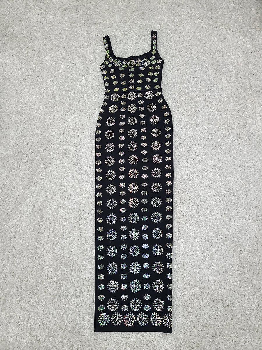 Black Sleeveless U-neck Rhinestone Elegant Slim Bandage DressEvening Dress - Grace Beauty H&C