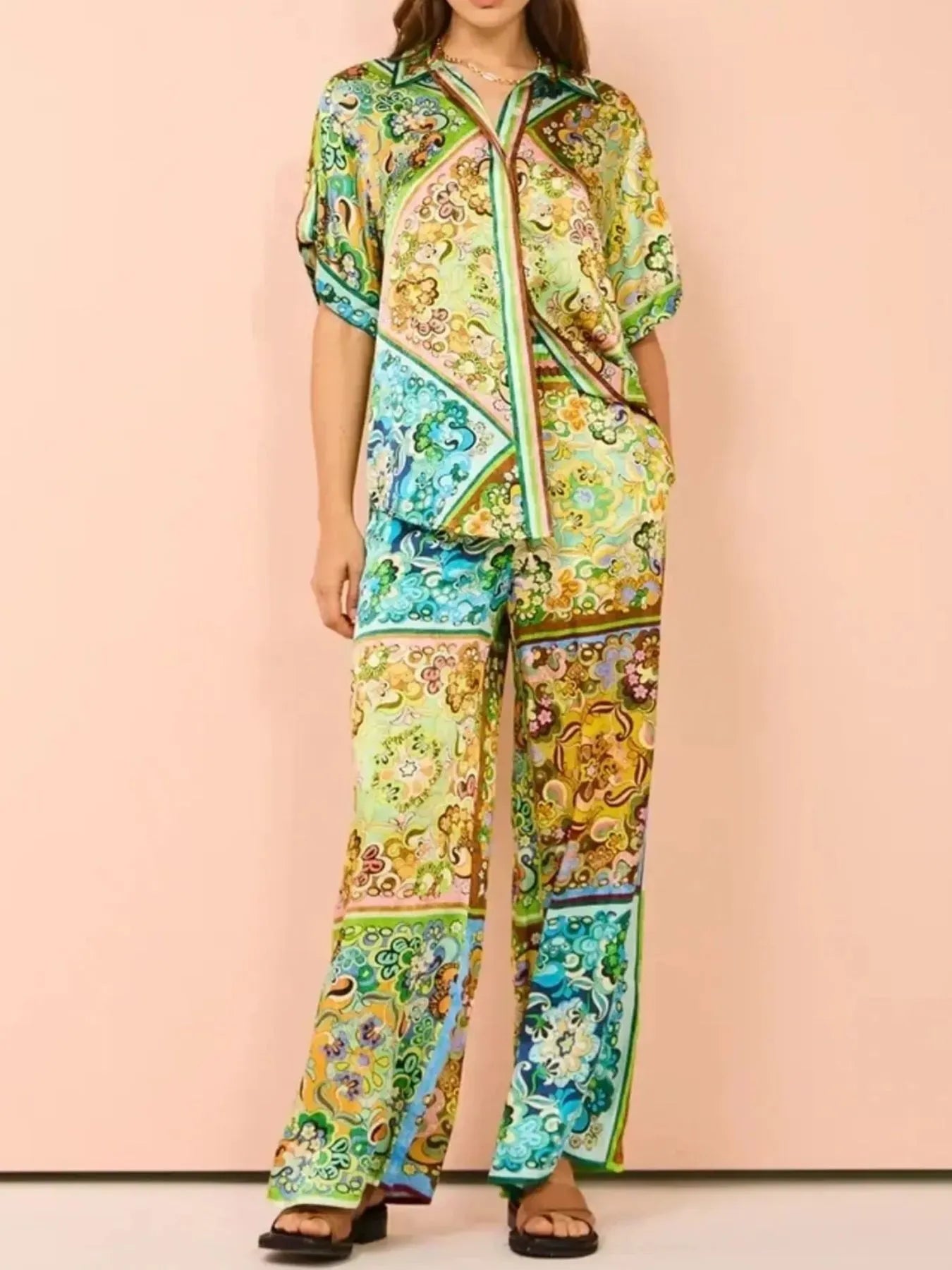 Printed Button Up Shirt and Pants Set - Grace Beauty H&C