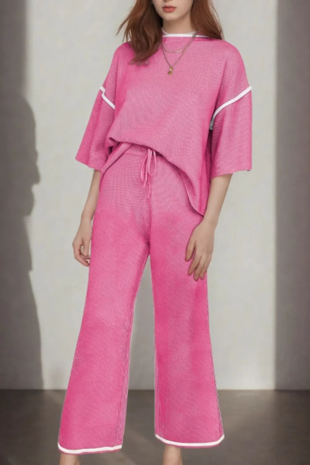 Contrast Trim Round Neck Top and Pants Set - Grace Beauty H&C