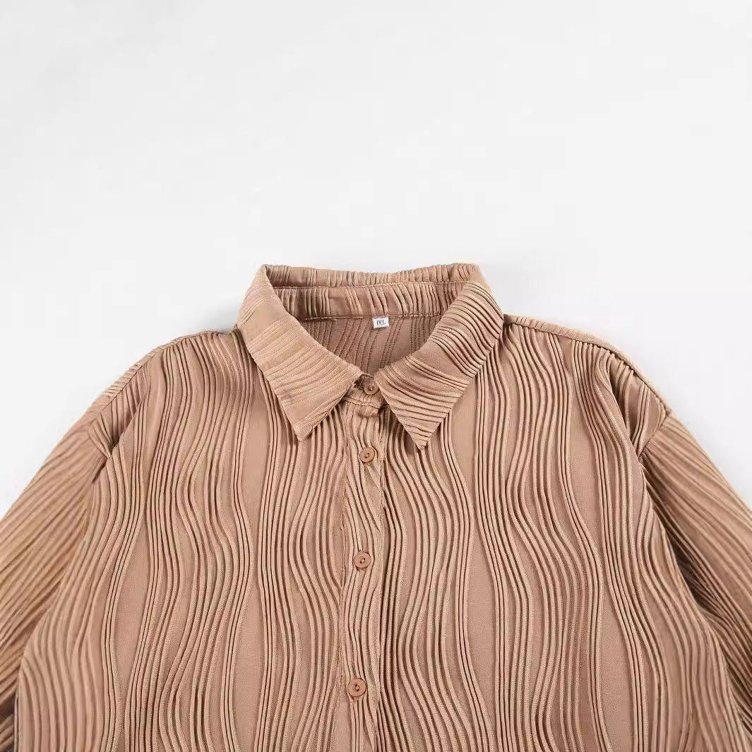 Fashionable Women's Plus Size Shirt With Fold-down Collar And Button Texture - Grace Beauty H&C