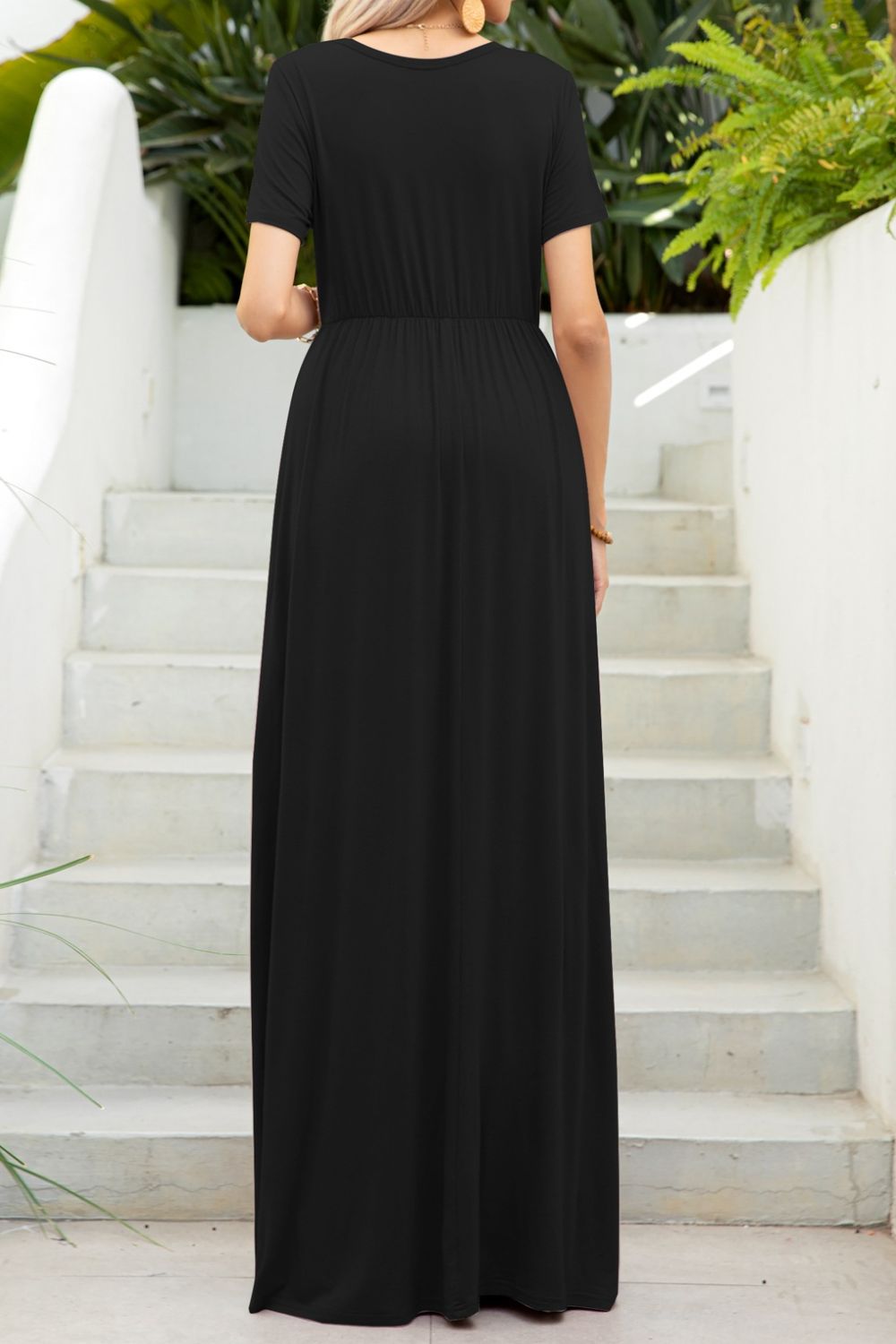 Round Neck Maxi Tee Dress with Pockets - Grace Beauty H&C