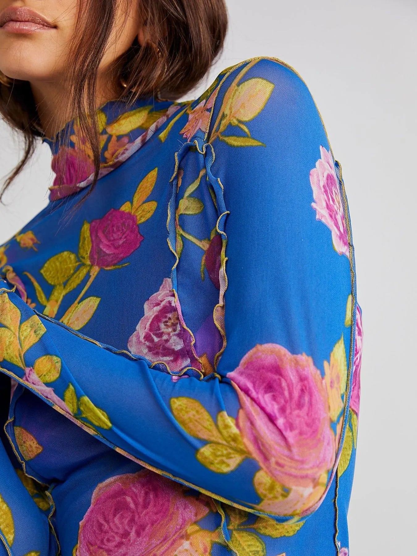 Floral Print Mock Neck Long Sleeve Top - Grace Beauty H&C