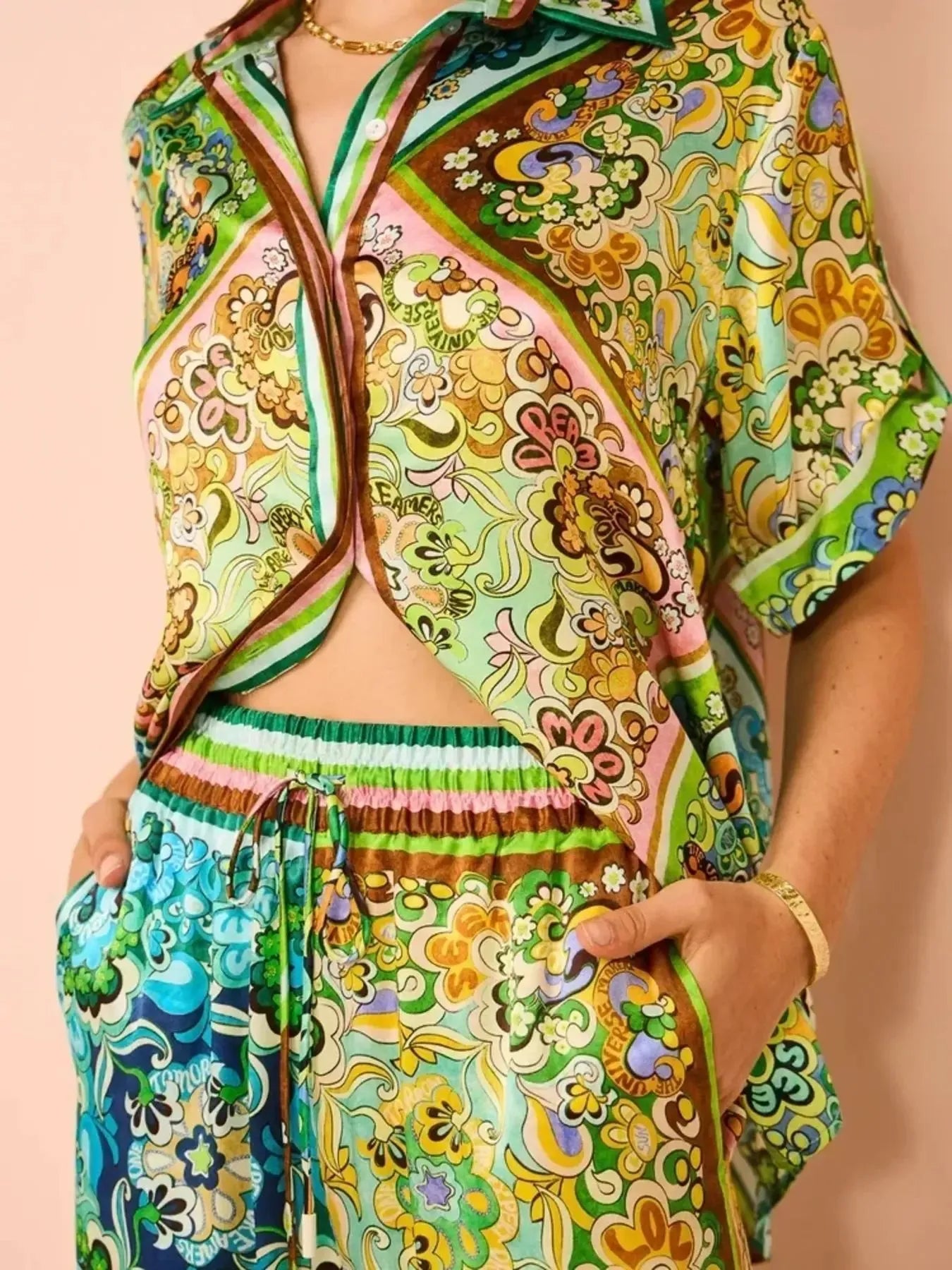 Printed Button Up Shirt and Pants Set - Grace Beauty H&C