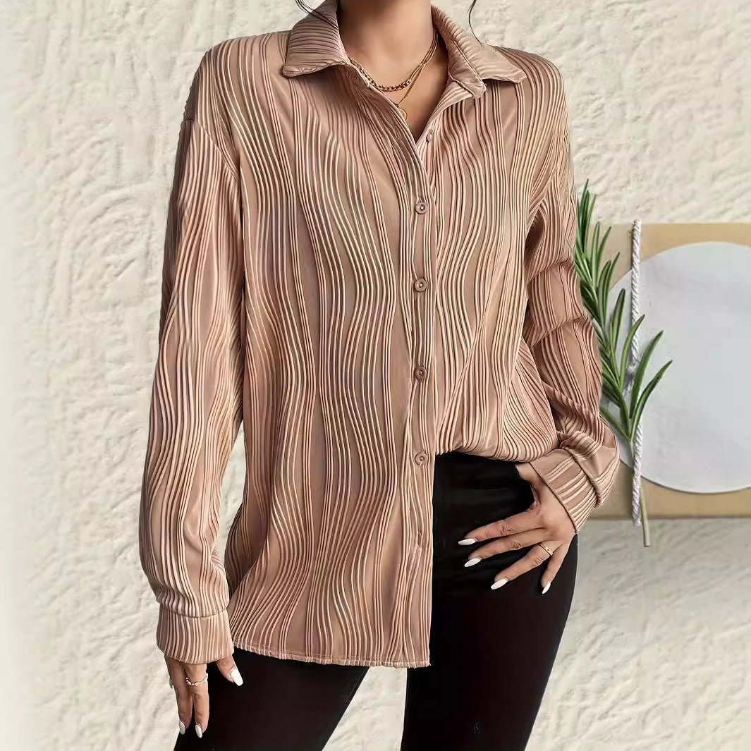 Fashionable Women's Plus Size Shirt With Fold-down Collar And Button Texture - Grace Beauty H&C