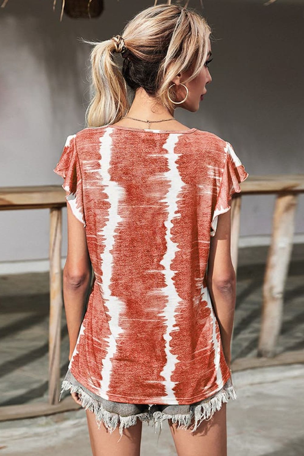Shiny Tie-Dye Buttoned Flutter Sleeve Blouse - Grace Beauty H&C