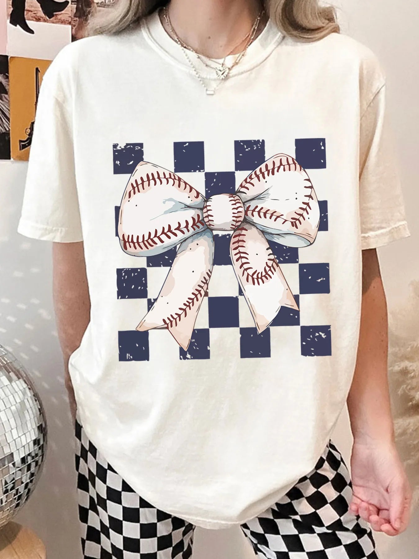 Checkered Bowknot Graphic Crew Neck T Shirt - Grace Beauty H&C
