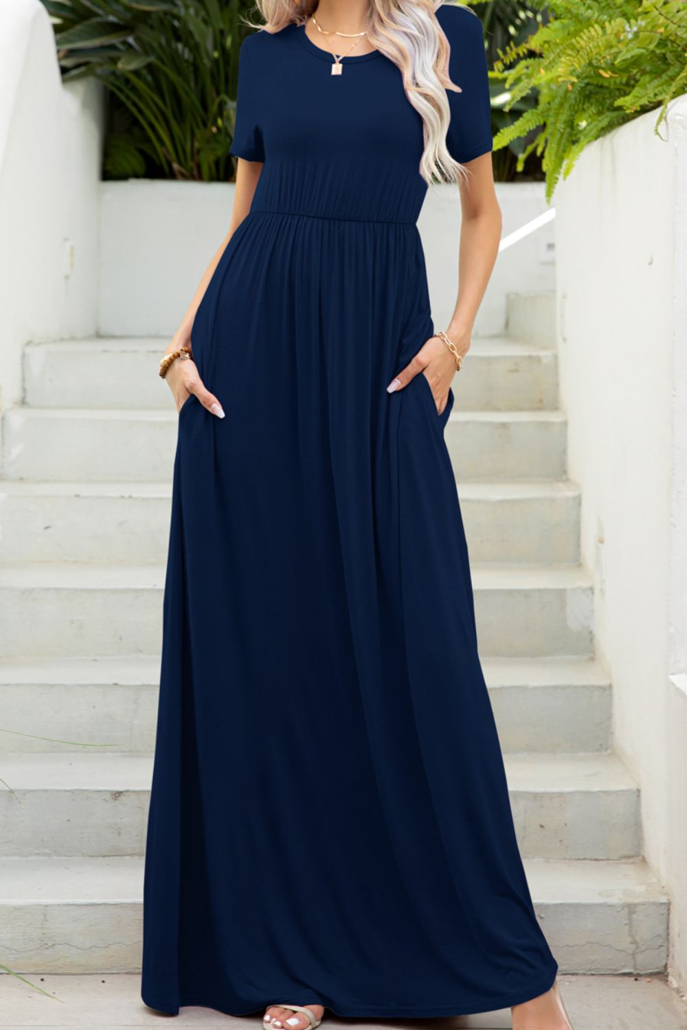 Round Neck Maxi Tee Dress with Pockets - Grace Beauty H&C