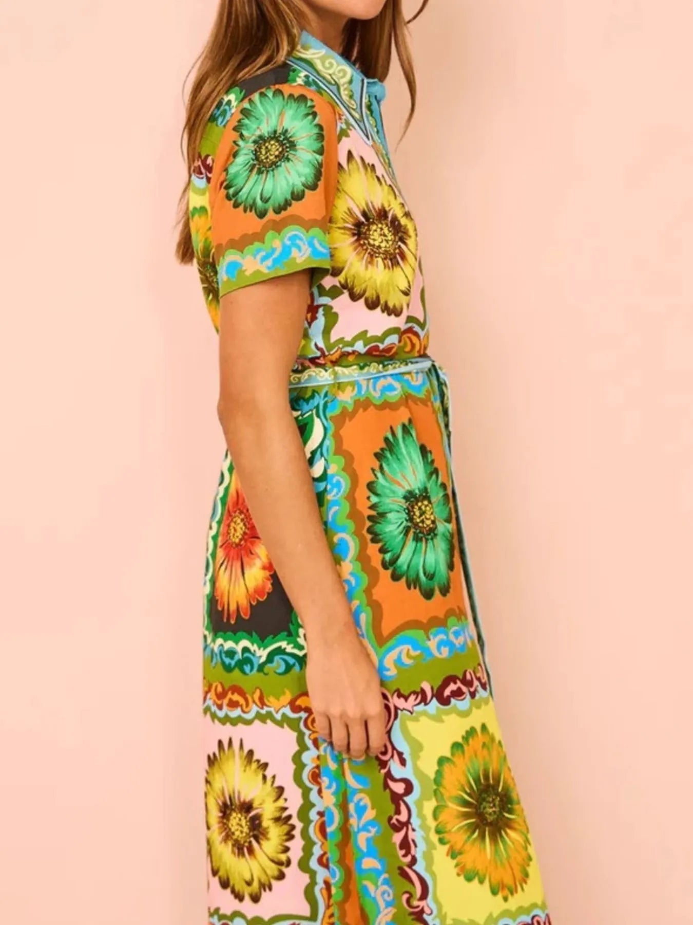 Printed Maxi Shirt Dress with Belt - Grace Beauty H&C