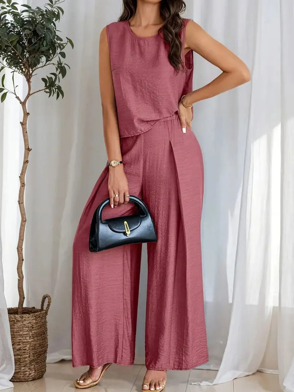 Round Neck Sleeveless Top and Wide Leg Pants Set - Grace Beauty H&C
