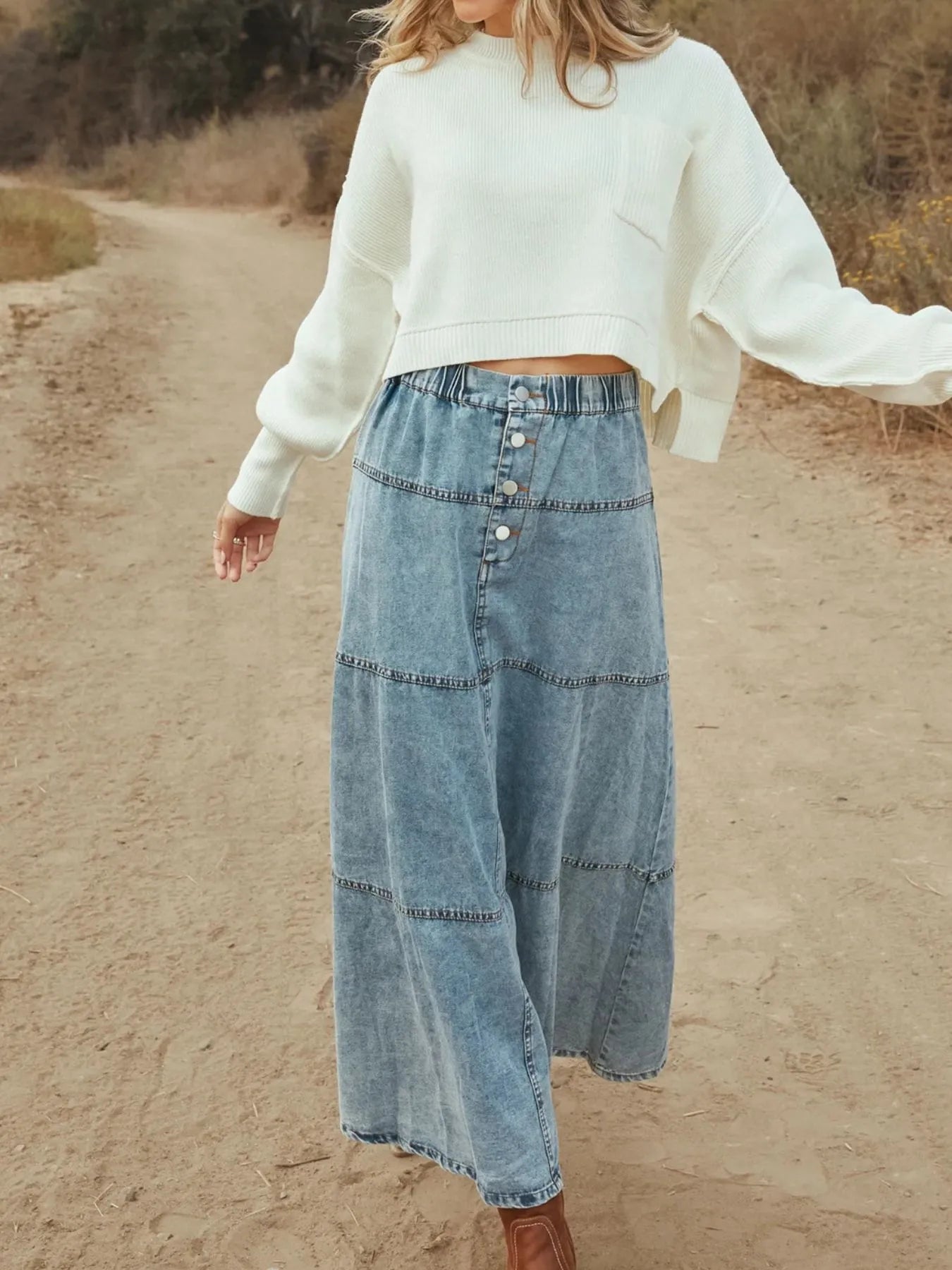 Button-Front Tiered Maxi Denim Skirt - Grace Beauty H&C