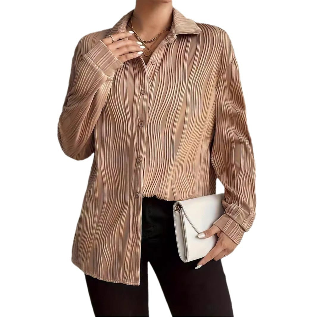 Fashionable Women's Plus Size Shirt With Fold-down Collar And Button Texture - Grace Beauty H&C