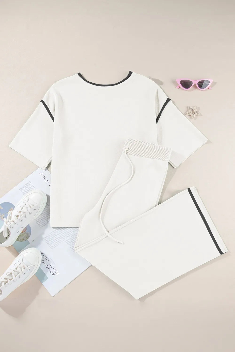 Contrast Trim Round Neck Top and Pants Set - Grace Beauty H&C