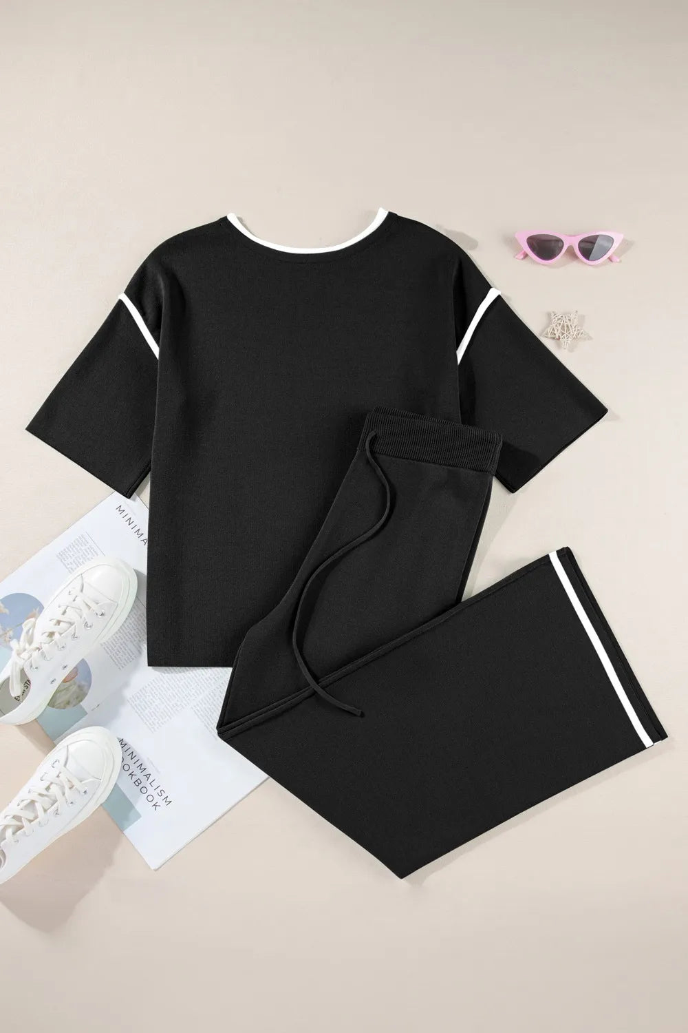 Contrast Trim Round Neck Top and Pants Set - Grace Beauty H&C