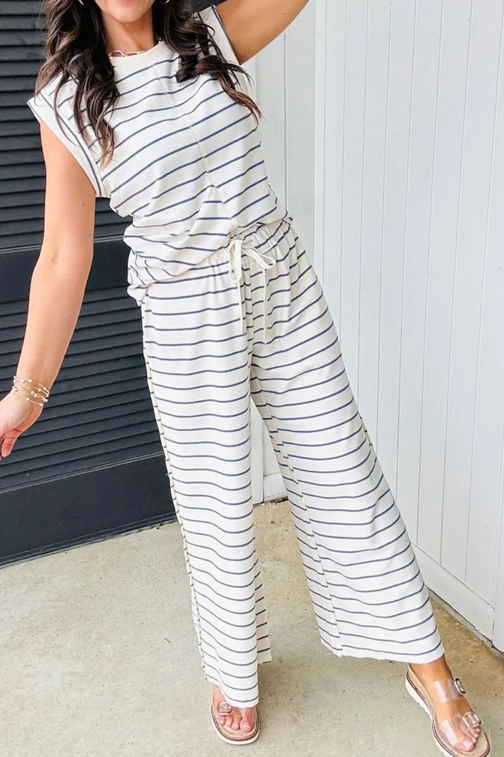Striped Round Neck Top and Pants Set - Grace Beauty H&C