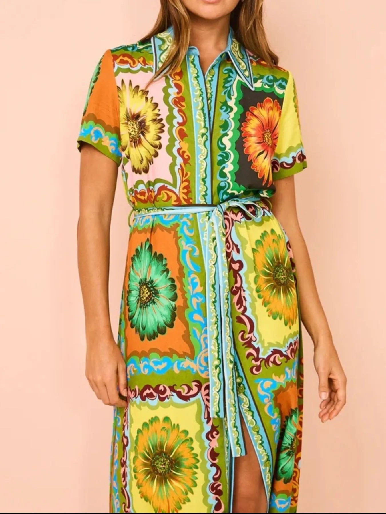 Printed Maxi Shirt Dress with Belt - Grace Beauty H&C