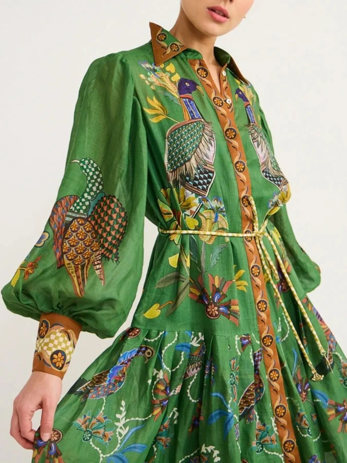 Printed Lantern Sleeve Maxi Shirt Dress - Grace Beauty H&C
