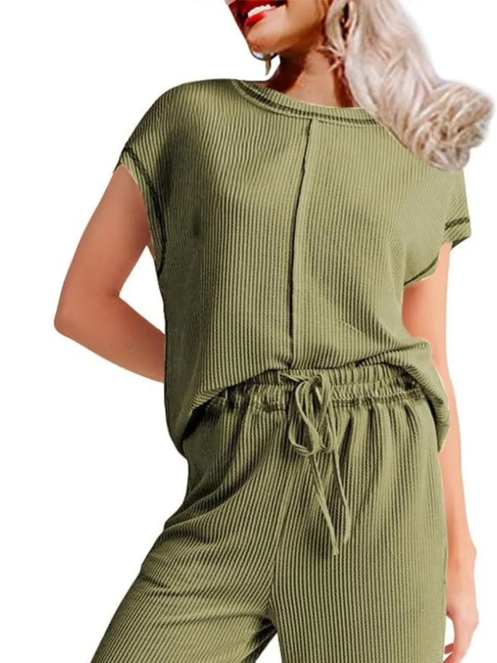 Ribbed Exposed Seam Top and Pants Set - Grace Beauty H&C