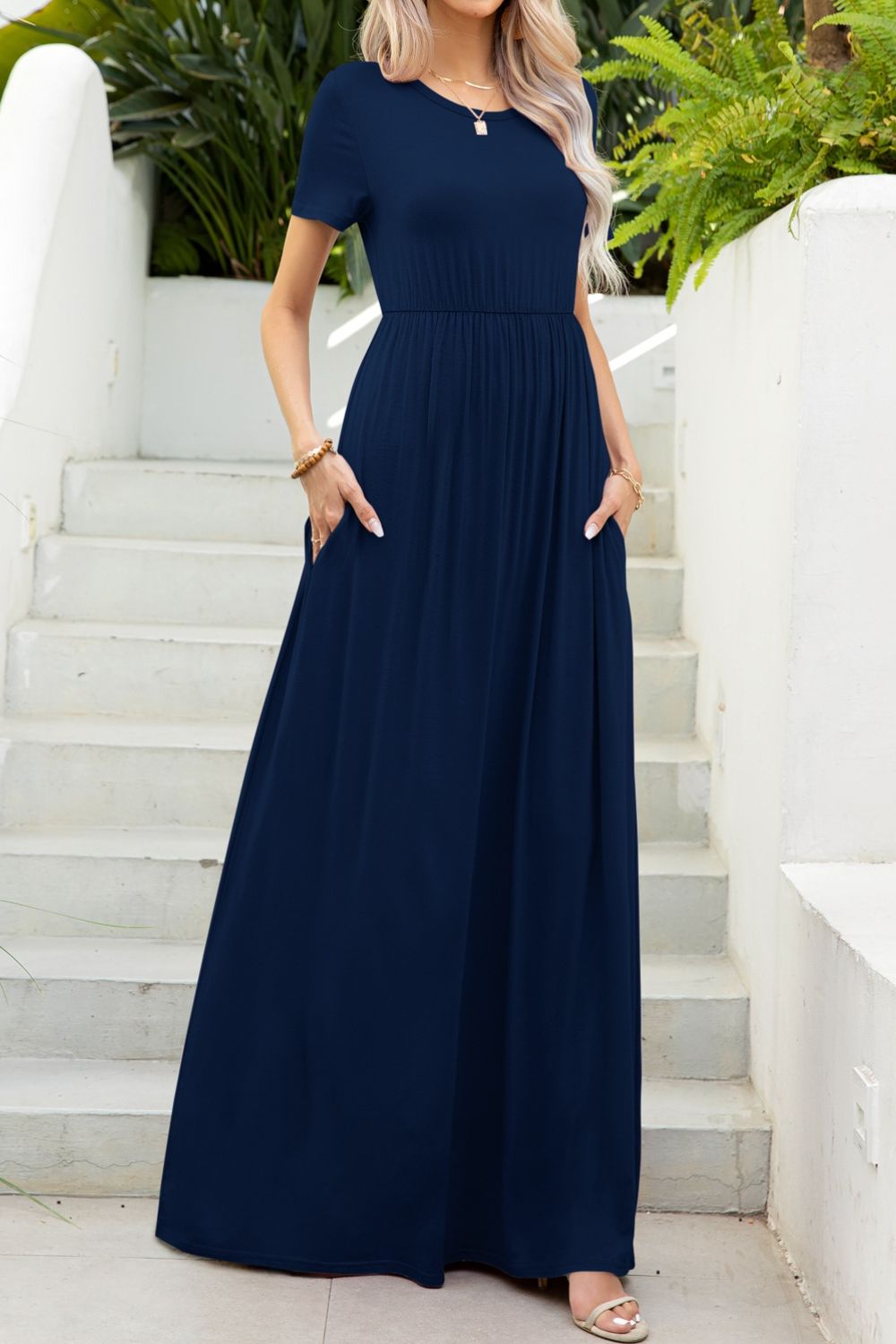 Round Neck Maxi Tee Dress with Pockets - Grace Beauty H&C