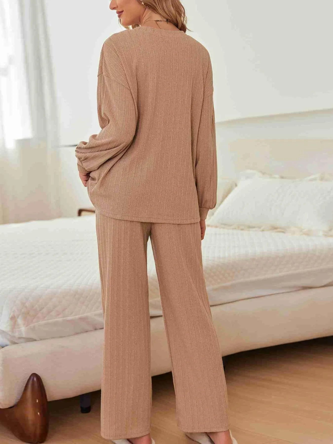 Ribbed Knit Top and Pants Lounge Set with Button Detail - Grace Beauty H&C