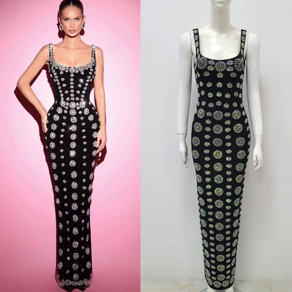 Black Sleeveless U-neck Rhinestone Elegant Slim Bandage DressEvening Dress - Grace Beauty H&C