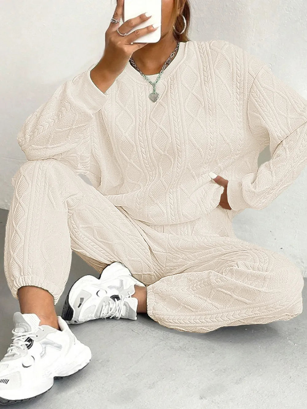 Texture Round Neck Top and Pants Set - Grace Beauty H&C