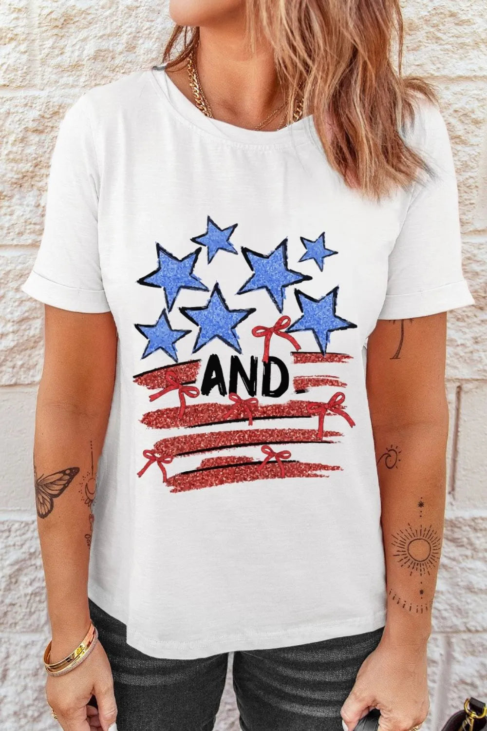 Stars and Stripes Bow Graphic T Shirt - Grace Beauty H&C