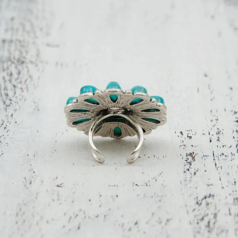 Artificial Turquoise Flower Ring – Vintage Alloy Statement Jewelry - Grace Beauty H&C