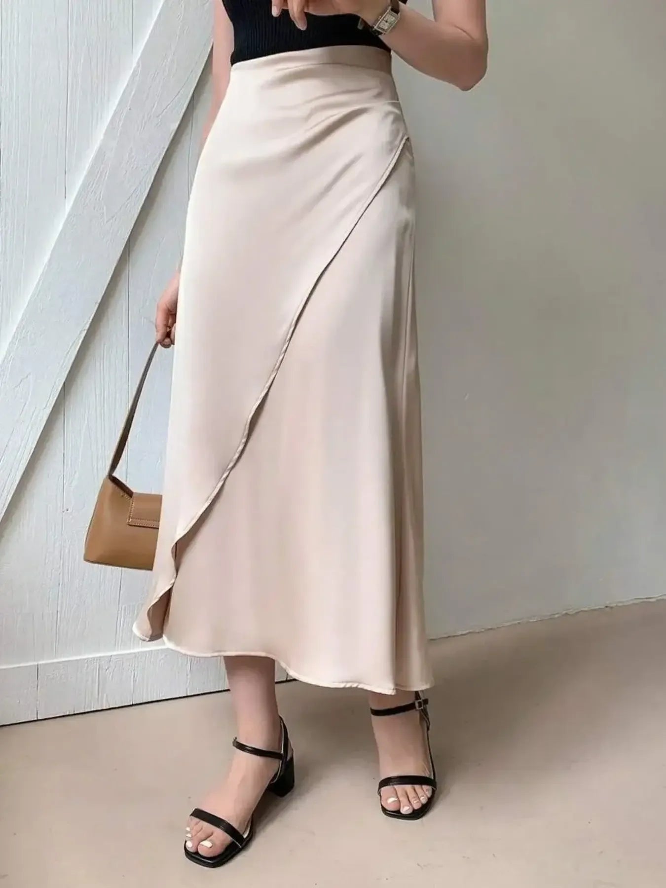 Asymmetric Wrap Midi Skirt with Fluted Hem - Grace Beauty H&C