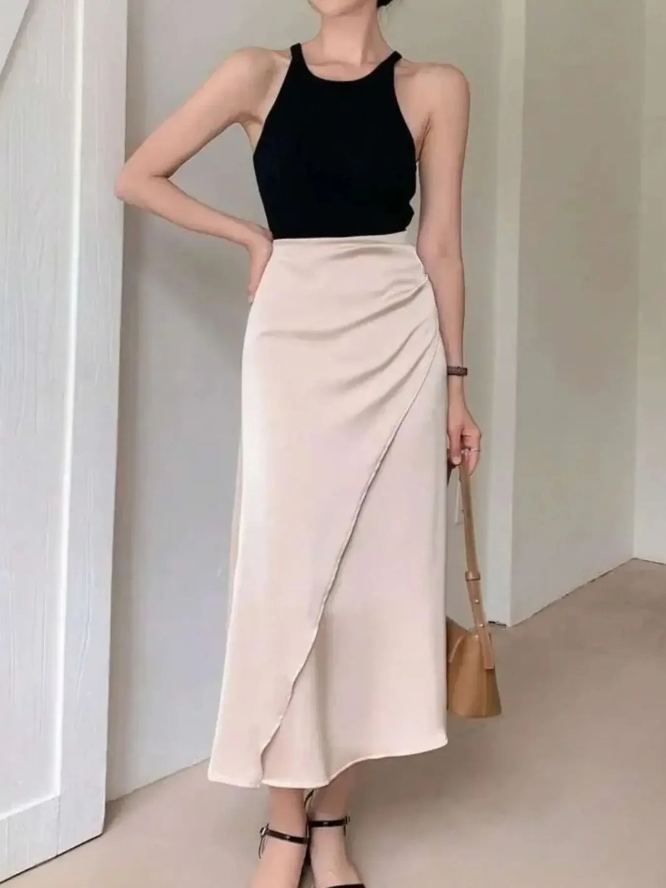 Asymmetric Wrap Midi Skirt with Fluted Hem - Grace Beauty H&C