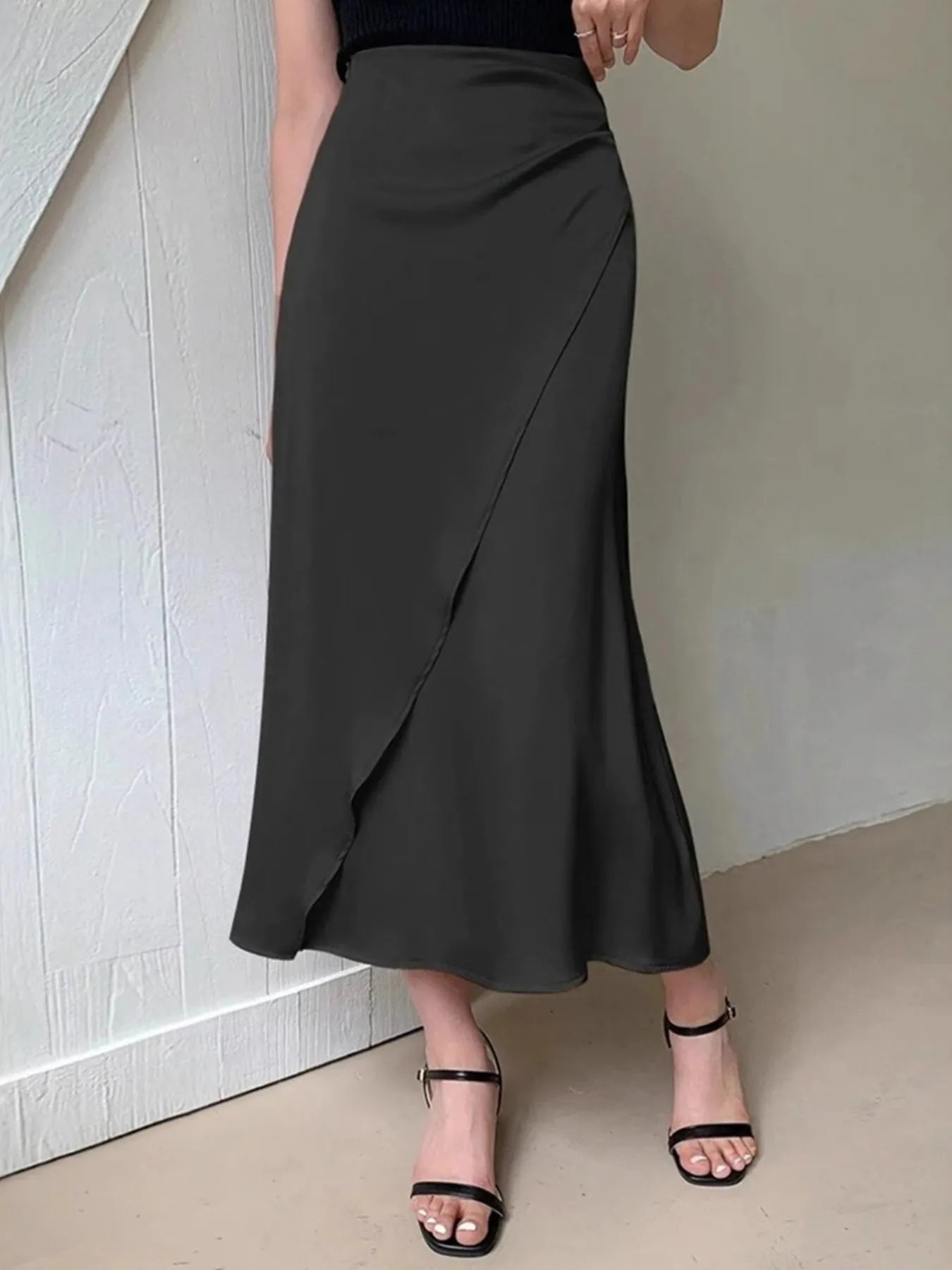 Asymmetric Wrap Midi Skirt with Fluted Hem - Grace Beauty H&C