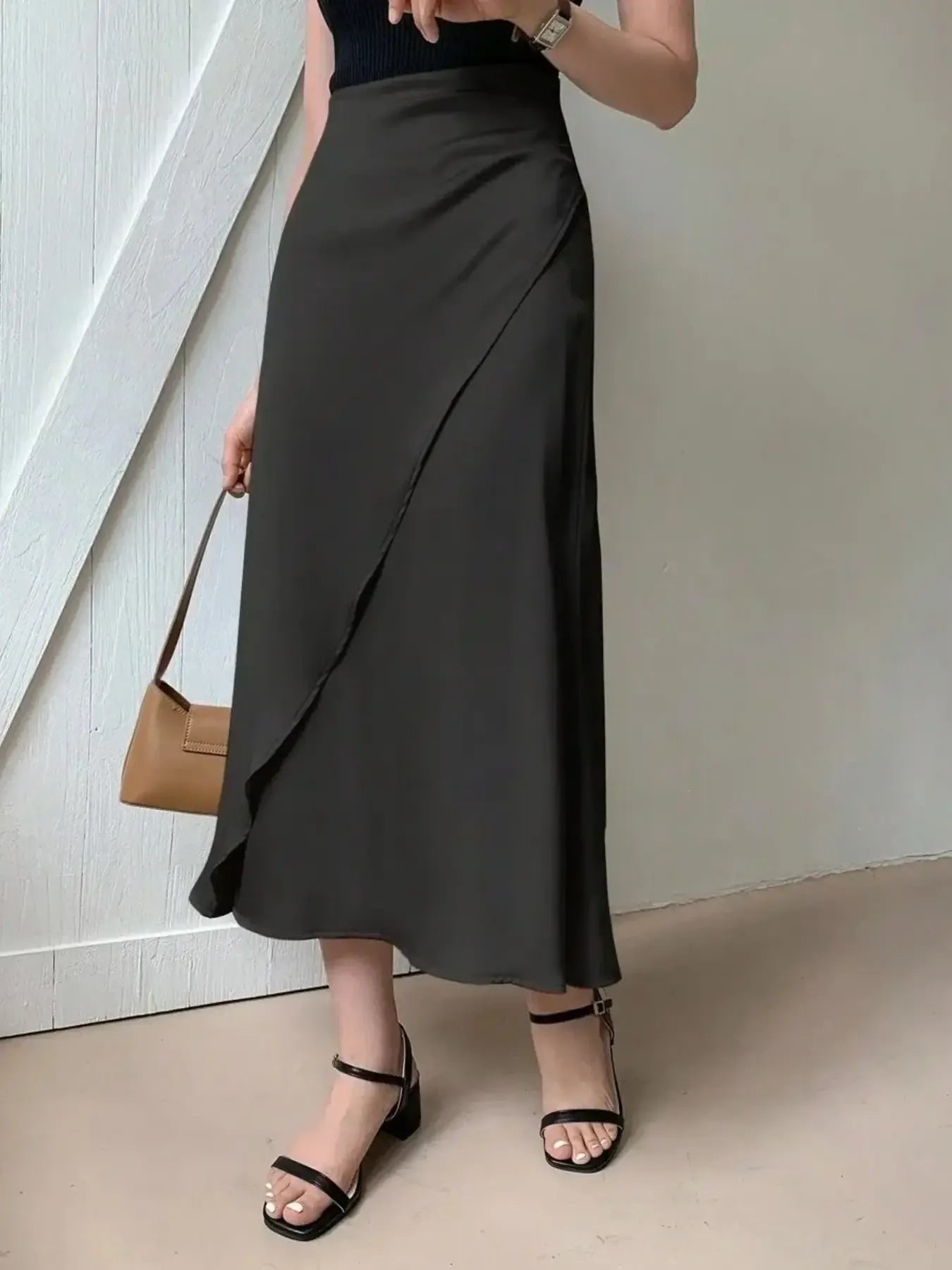 Asymmetric Wrap Midi Skirt with Fluted Hem - Grace Beauty H&C