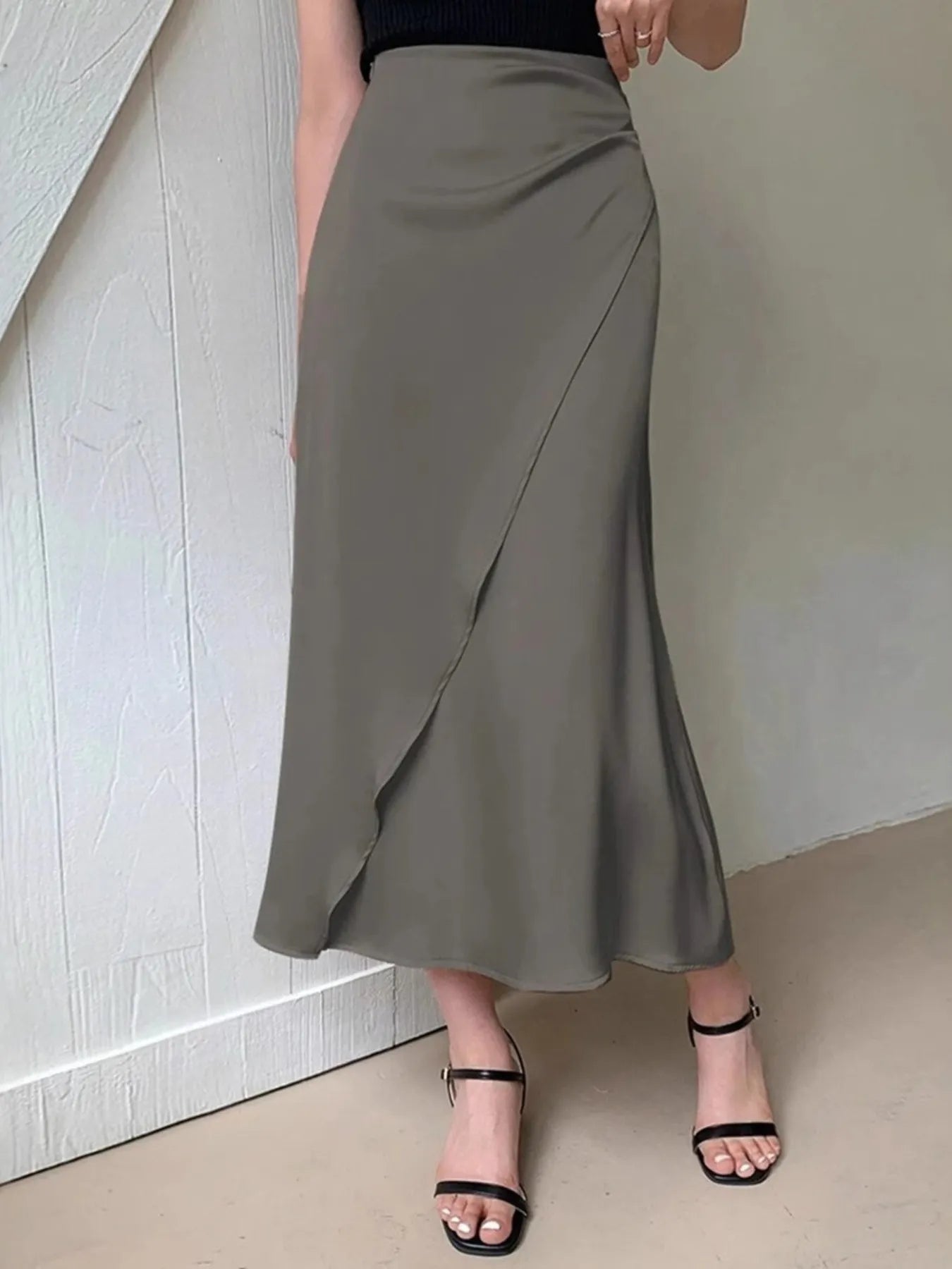 Asymmetric Wrap Midi Skirt with Fluted Hem - Grace Beauty H&C
